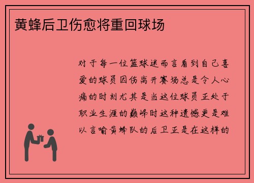 黄蜂后卫伤愈将重回球场