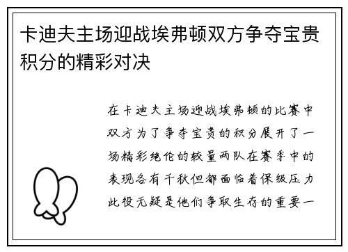 卡迪夫主场迎战埃弗顿双方争夺宝贵积分的精彩对决